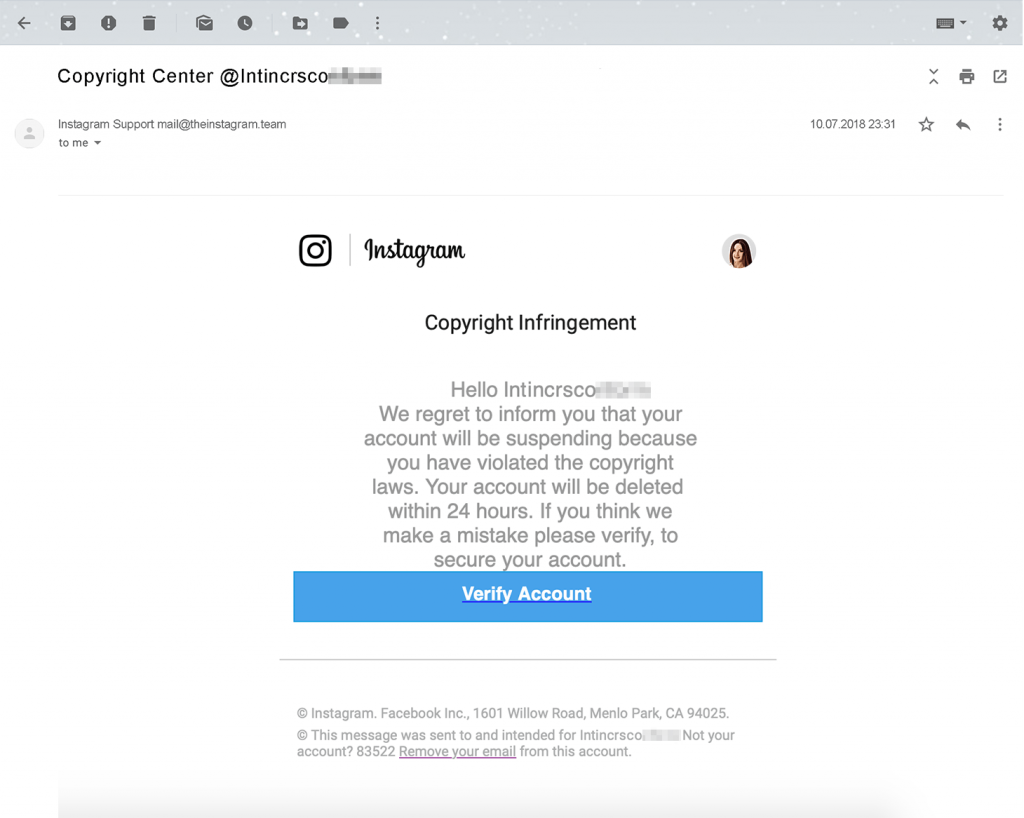 Screenshot of Instagram copyright infringement scam