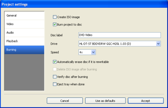 DVD Flick: Burning Settings