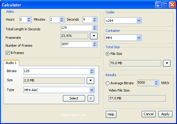 MeGUI: Bitrate Calculator