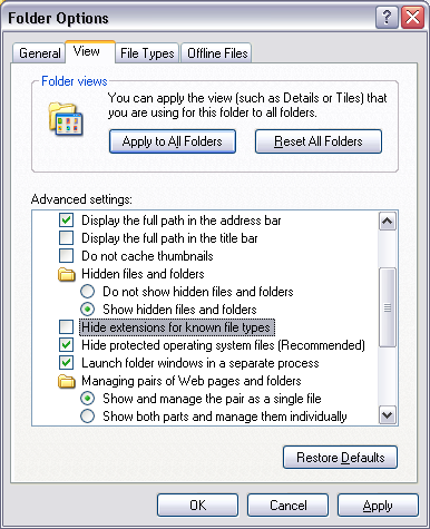 Windows Explorer: Hide Extensions Option