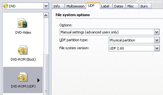 Nero Burning ROM: UDF Options