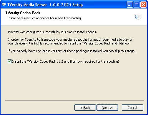 TVersity: Install Codecs