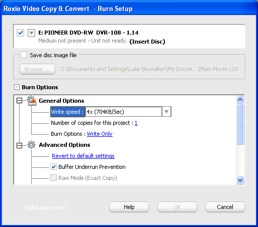 Roxio Video Copy & Convert: Burning Options