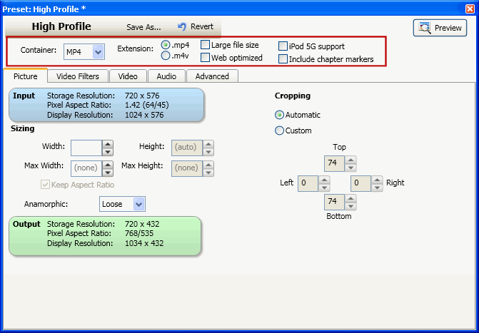 VidCoder - Encoding Settings: Picture