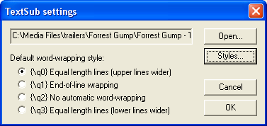 VirtualDub: TextSub Settings