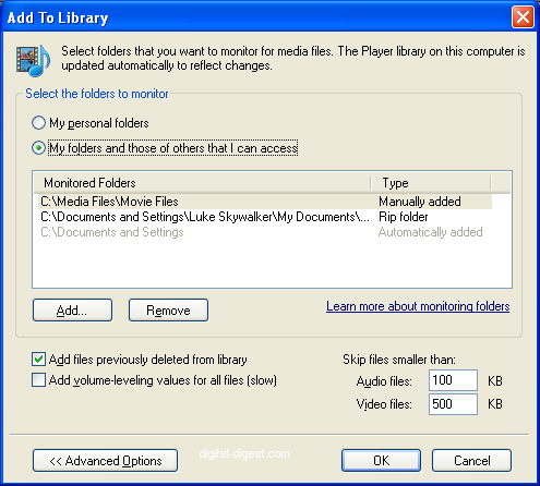 Windows Media Player: Media Sharing - Add to Library