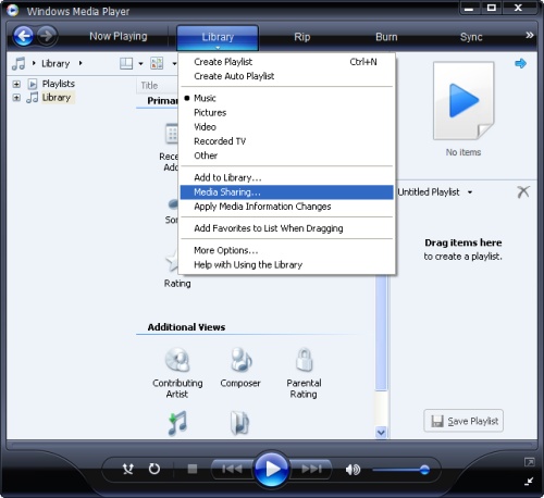 Windows Media Player: Library Menu