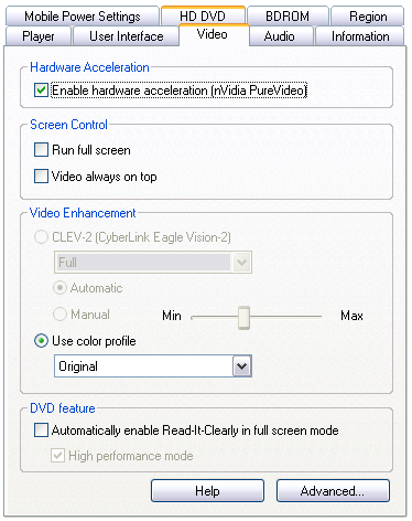 PowerDVD Ultra: Video Settings